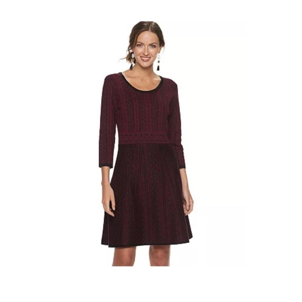 Nina Leonard Women's Burgundy Black Geometric 3/4 Sleeve Fit Flare Dress Size S‎